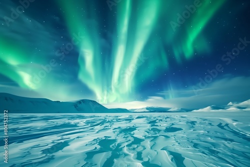 Spectacular aurora borealis over snowy mountain landscape
