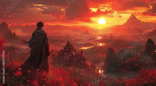 A medieval castle under the sunset, with red and orange tones in a digital art style. A man wearing dark stands outside of it