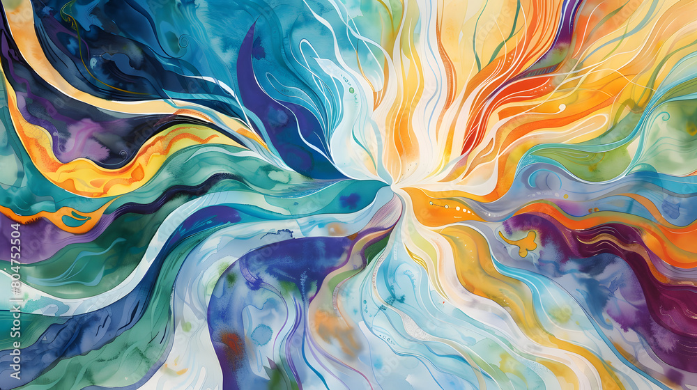 Vibrant Abstract Painting Displaying a Fusion of Vivid Colors and Fluid Forms