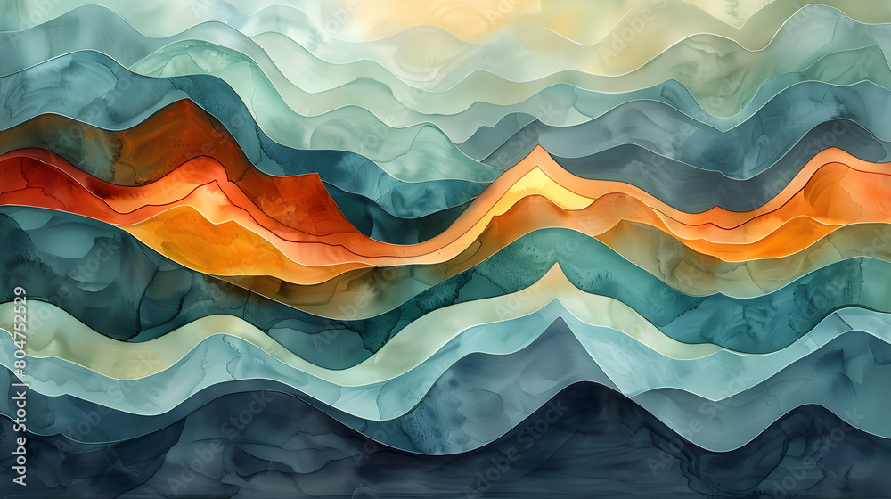 Vibrant and flowing abstract watercolor painting with layers of waves ...
