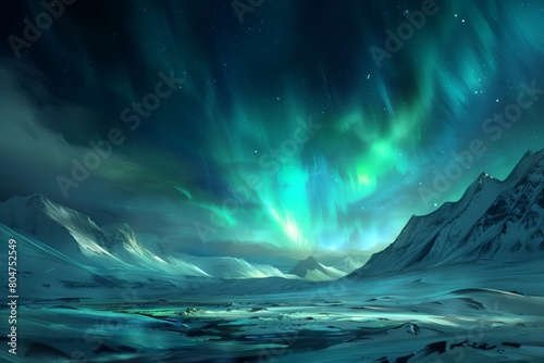 Northern lights glowing in the night sky over a snowy mountainous landscape, with shades of green and blue illuminating the Arctic scenery