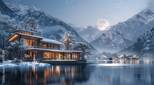 A modern luxury house with snowcovered roof, next to the river in front of it is an old wooden village and behind them photo