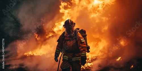 Dramatic image of a firefighter battling a fierce wildfire, with intense orange flames engulfing the forest under a smoky sky. photo