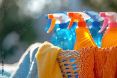 Lemon-scented Backet detergent cleaning. Homemade and filled hamper with cleaning supplies. Generate AI photo