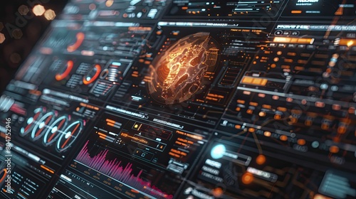 Advanced Neural Interface System in Sci Fi Style, showcasing sleek user interaction panels and data flow visualization.