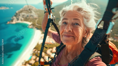 grandmother paragliding on a paradisiacal beach in summer. vacation, travel, height concept