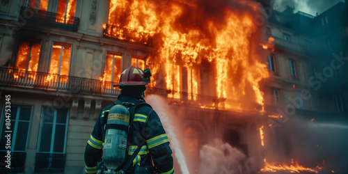 Intense image of a firefighter in full gear facing a massive building fire, highlighting the heroism and danger of firefighting in urban settings. photo