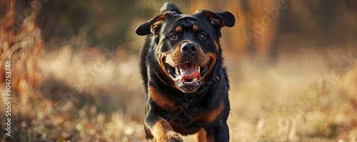 ferocious Rottweiler dog snarling, showing its teeth with a blurred green background. aggressive dog attack photo