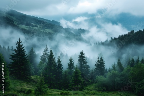 Misty forest landscape with fog gently enveloping the dense evergreen trees and distant mountain peaks  creating an ethereal and mysterious atmosphere