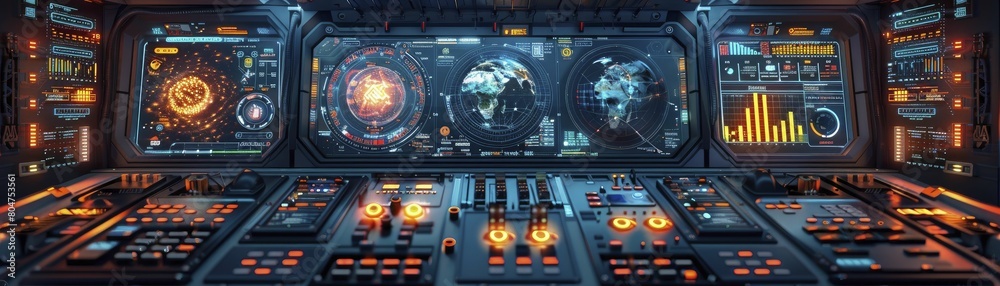 Fototapeta premium Robotics Engineering Console with AI assistants and mechanized arms in a clean, tech driven setting.