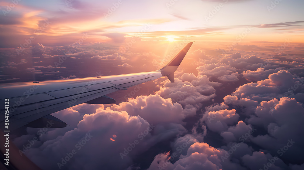 A mesmerizing view captured from the window of an airplane, soaring high above the clouds and bathed in the soft golden light of the setting sun A mesmerizing view captured from the window of an airplane, soaring high above the clouds and bathed in the soft golden light of the setting sun
