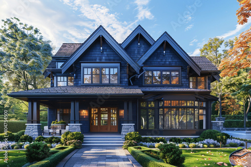 The elegant frontage of a rich indigo craftsman cottage style house, featuring a triple pitched roof, bespoke landscaping, a welcoming path, and unparalleled curb appeal, signifying refined taste. photo
