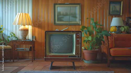 Retro Television with Green Screen in Rustic Setting. Concept Retro Props, Green Screen Technology, Vintage Aesthetic, Rustic Backgrounds