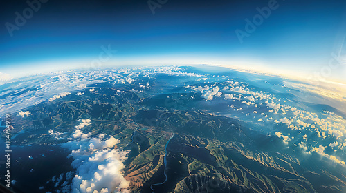 A breathtaking view captured from the window of an airplane  offering passengers a mesmerizing panorama of the world below as they soar through the clouds at high altitude