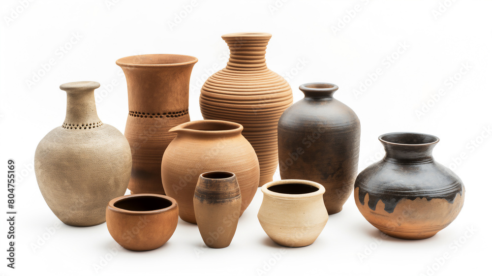 A collection of handcrafted pottery vases in various shapes and earthy tones, displayed on a white background.