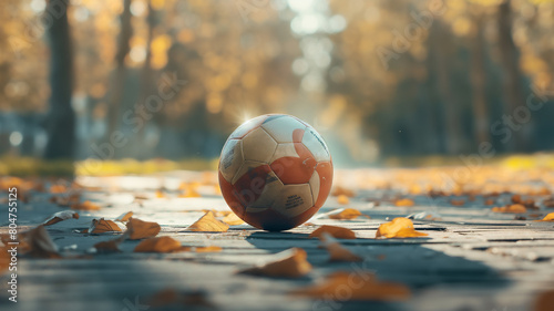A soccer ball sits on a sunlit pathway lined with fallen autumn leaves, trees in soft focus in the background. photo