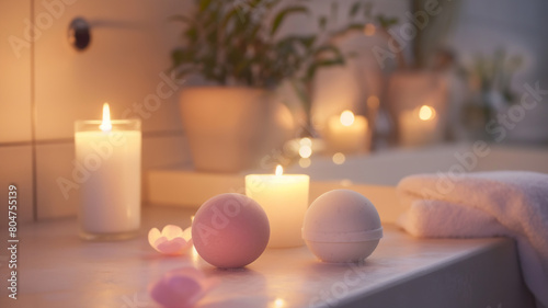 A cozy bathroom scene with lit candles  bath bombs  and plants  creating a warm and tranquil atmosphere.