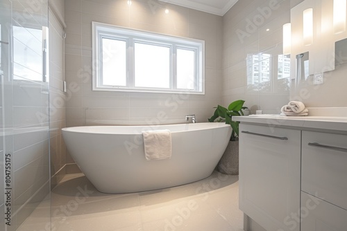 Sleek Bathroom white modern. Home white design. Generate Ai