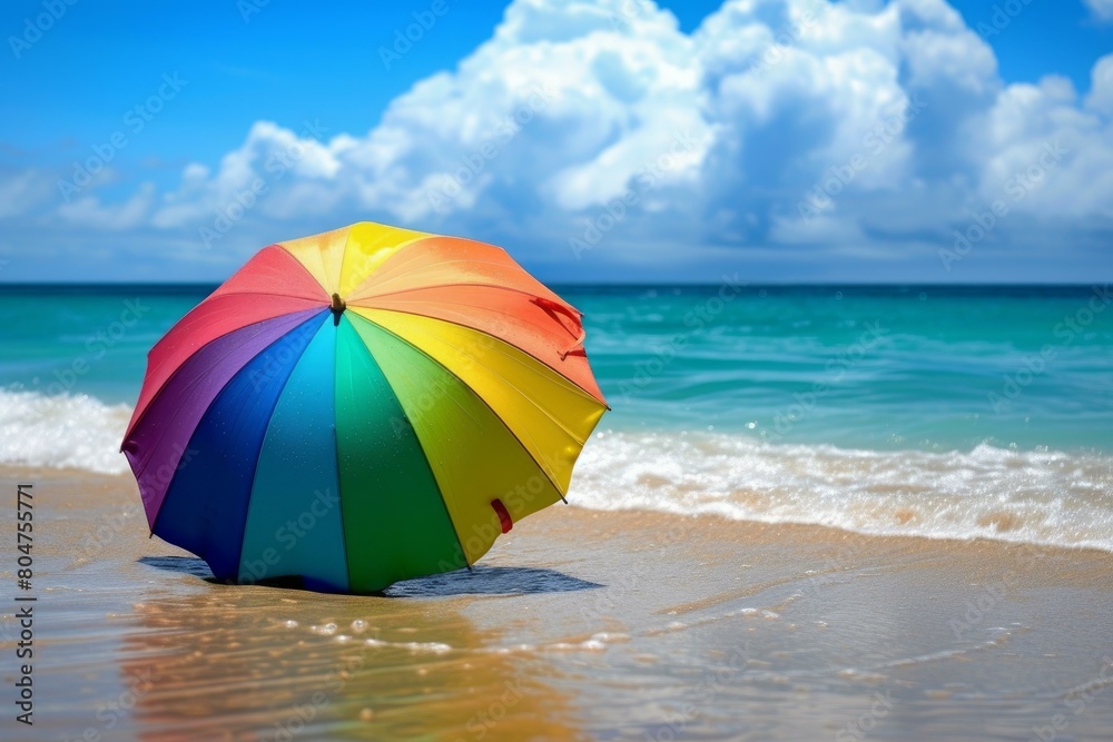 Large Beach colorful umbrella. Colorful summer. Generate Ai