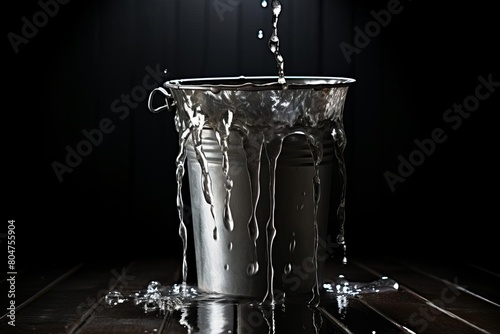 A metal bucket with water overflowing from the top. Water is also running down the side of the bucket.