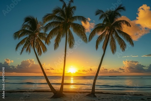 Colorful Beach palms sunset sky. Water sunrise view. Generate Ai