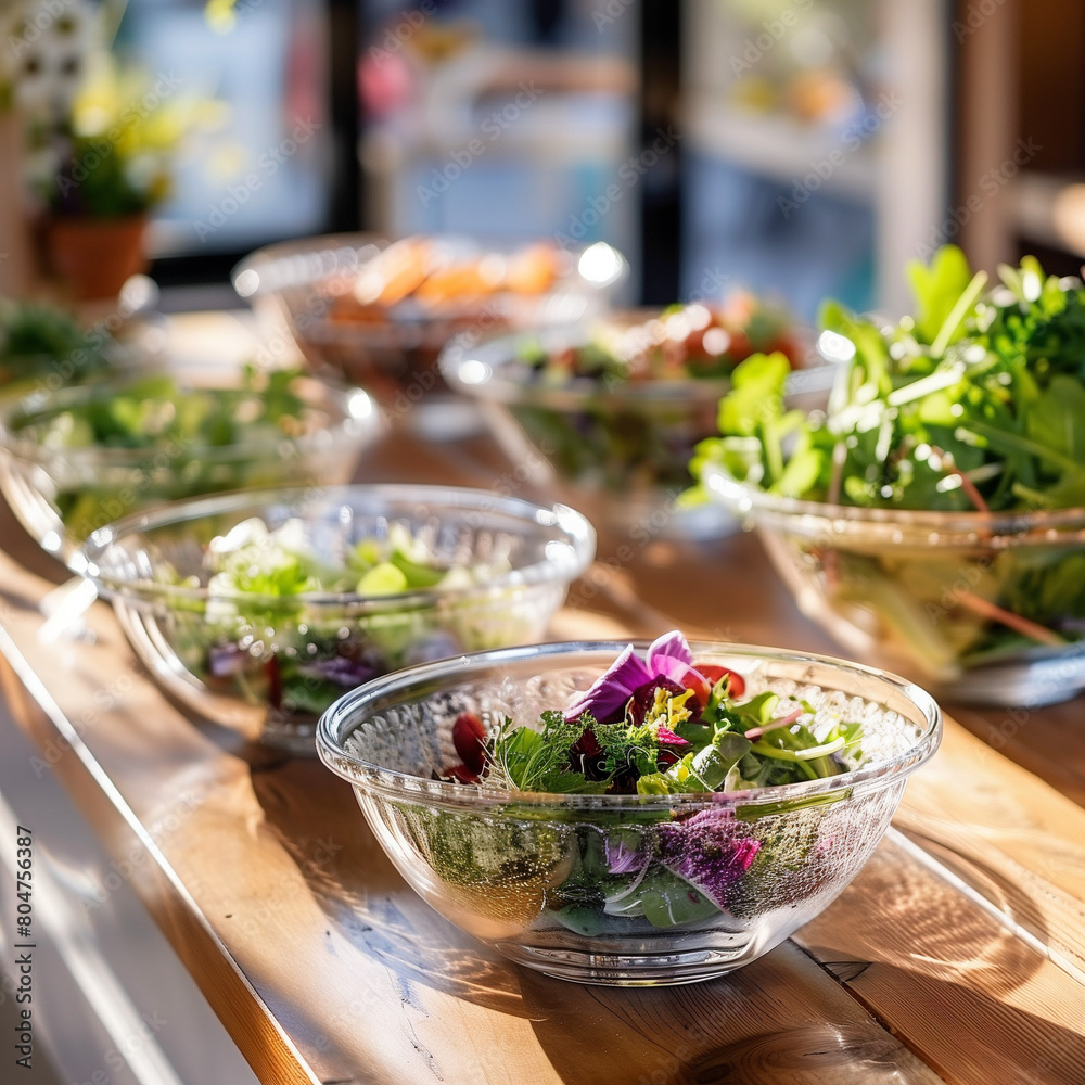 Glass Bowls Serving Salads in a Green Organic Cafe