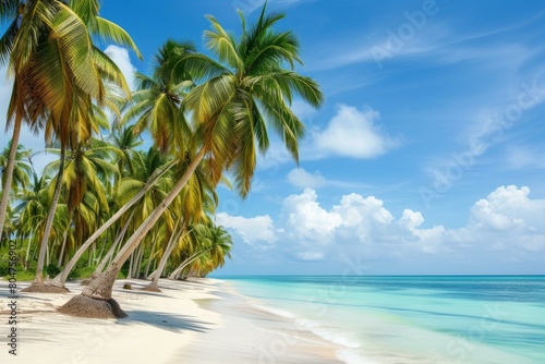 Picturesque Beach with palm trees. Landscape sunset. Generate Ai