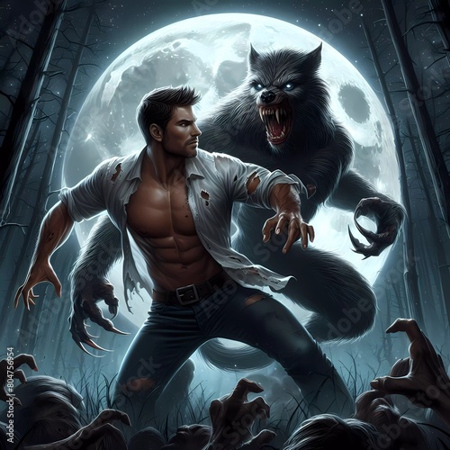 Mann kämpft mit einem Werwolf photo