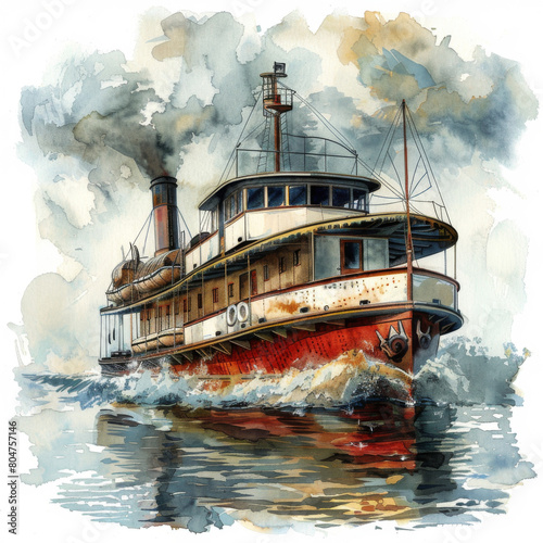 Watercolor illustration of an old-fashioned steamboat navigating through stormy sea waters, emitting smoke.