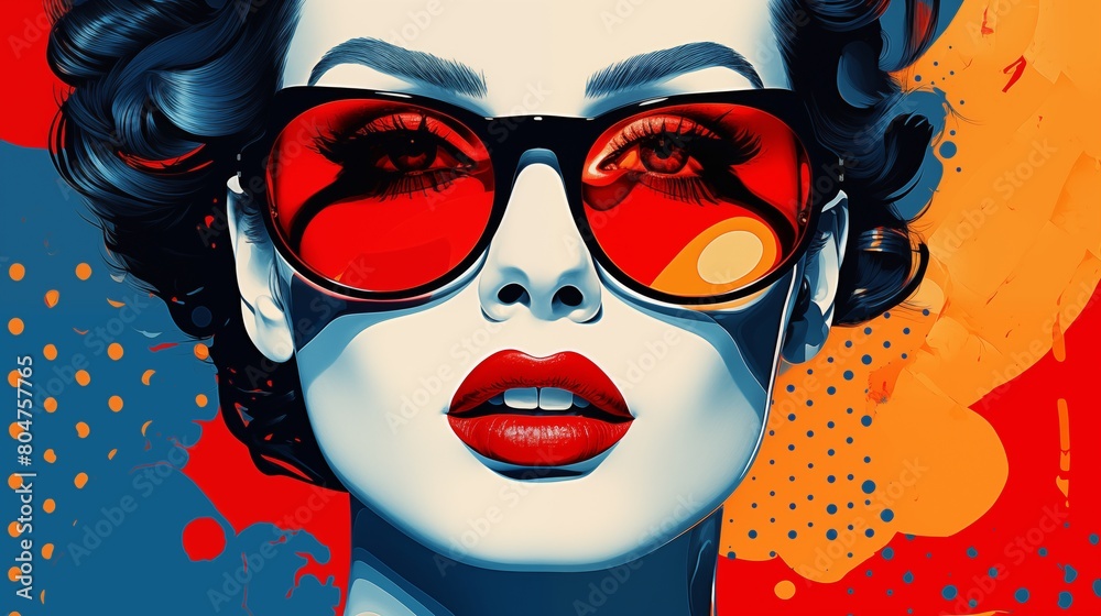 Pop Art Portrait of a Woman in Stylish Red Sunglasses.