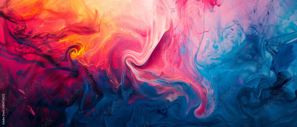 A vivid abstract art piece with swirling colors of blue, red, orange, and pink blending dynamically.