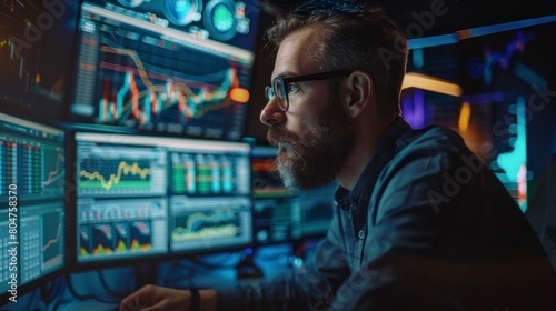 man analyzing the stock market or trading on his pc