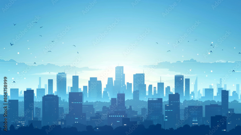 A serene digital cityscape illustration featuring a clear sky, skyscrapers, and birds soaring at dawn, conveying peace and calm.