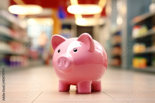 Piggy bank on the floor of a supermarket, concept of budget planning, blurred background