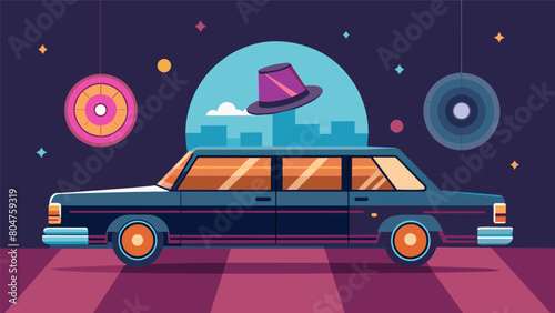 A vintage music box limousine equipped with a record player in the backseat and a disco ball spinning on the ceiling. Vector illustration