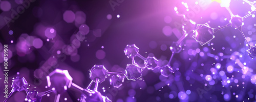 Cosmic violet background with advanced polygonal molecular structures interconnected polygons glowing brightly, representing the cosmos's mystery and scientific advancement. © Naeem