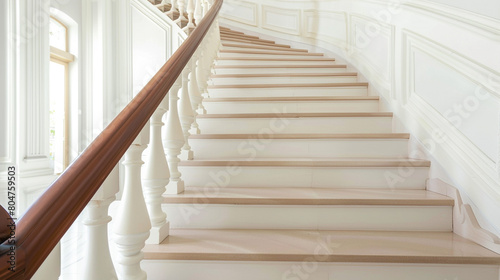 Cream white stairs with a polished wooden handrail  full side view in a luxurious home.