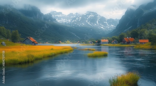 A river flows through the valley, with green grass and houses on both sides. The sky is dark clouds above, creating a mysterious atmosphere