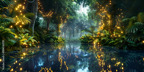 christmas tree reflected in water  Enchanting fireflies illuminating a tranquil forest at twilight  Long exposure of fireflies dancing above swamp plants created with generative ai  Fireflies    