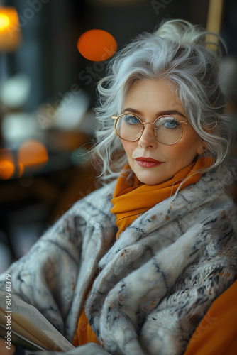 older woman with white hair wearing orange glasses © photo for everything