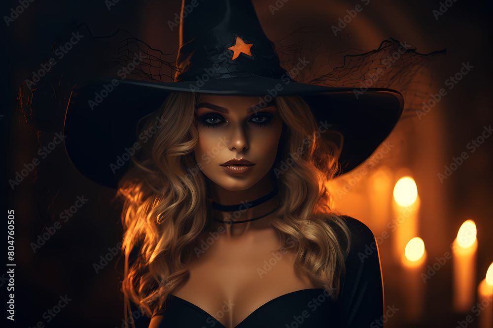 A cheerful witch with curly hair dressed in black, enjoying a drink outdoors on a misty autumn day, surrounded by candels A cheerful witch with curly hair dressed in black, enjoying a drink outdoors on a misty autumn day, surrounded by candels