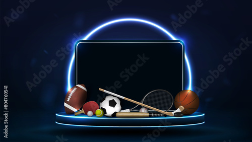 A web banner with a tablet, balls, stick, bat, puck on a podium on a blue background. A concept for sports betting.