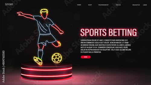 A web banner with a bright neon football player on the podium on a red background. A concept for sports betting.