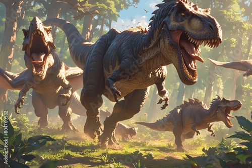 A group of tyrannosaurus rex running through the forest