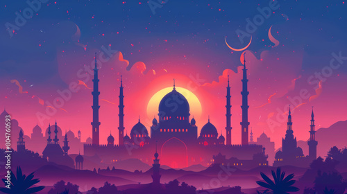 An illustrated skyline of Islamic architecture under a vibrant sunset  featuring mosques and minarets with a mystical aura.