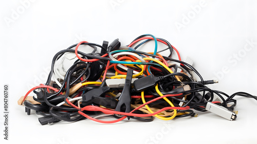 Colourful abstract wires texture. Chaotic cables on a white background.