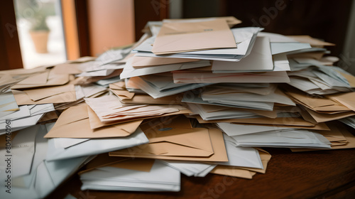 A large pile of unopened letters, mail letters sitting on a pile  photo