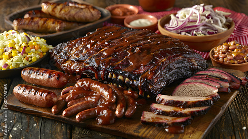 Wholesome Texas-style Barbecue Feast - Hearty Brisket, Smoky Ribs, Corn Bread, and Classic Sides photo