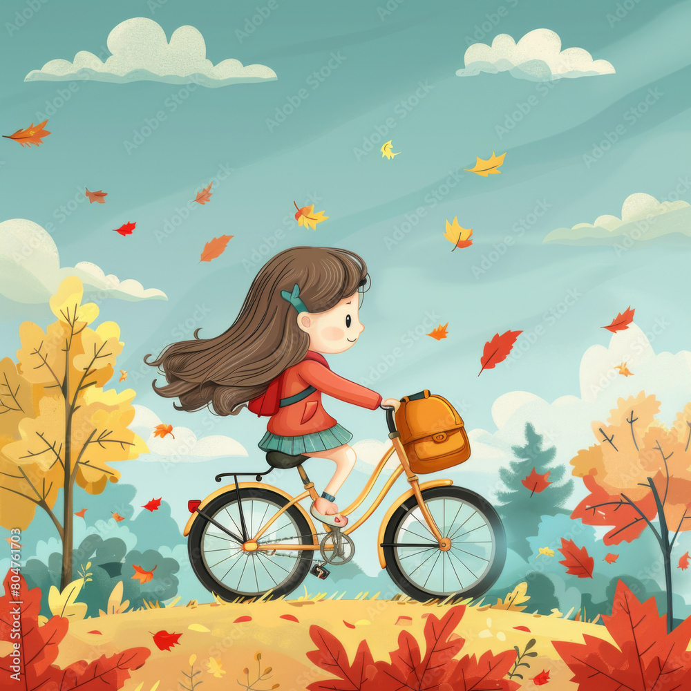 Illustration of a young girl with long hair biking joyfully through a scenic autumn landscape. Illustration of a young girl with long hair biking joyfully through a scenic autumn landscape.