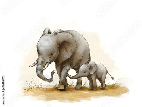  A cute cartoon drawing of an elephant and its baby